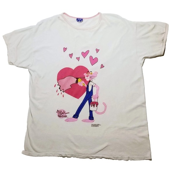 College Wear Tops - Vintage 90s Pink Panther Painted Hearts 1998 Single Stitch Shirt Valentines